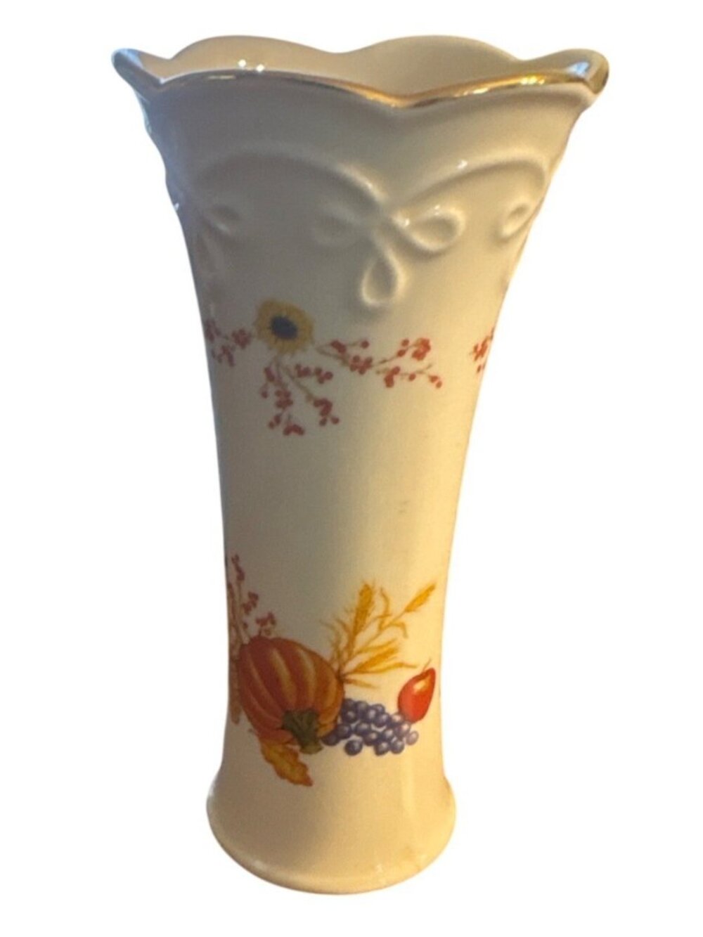 Vintage Lenox Fall Harvest Design Bud Vase 5" Gold Trim Pumpkin Sunflower China - Picture 2 of 16